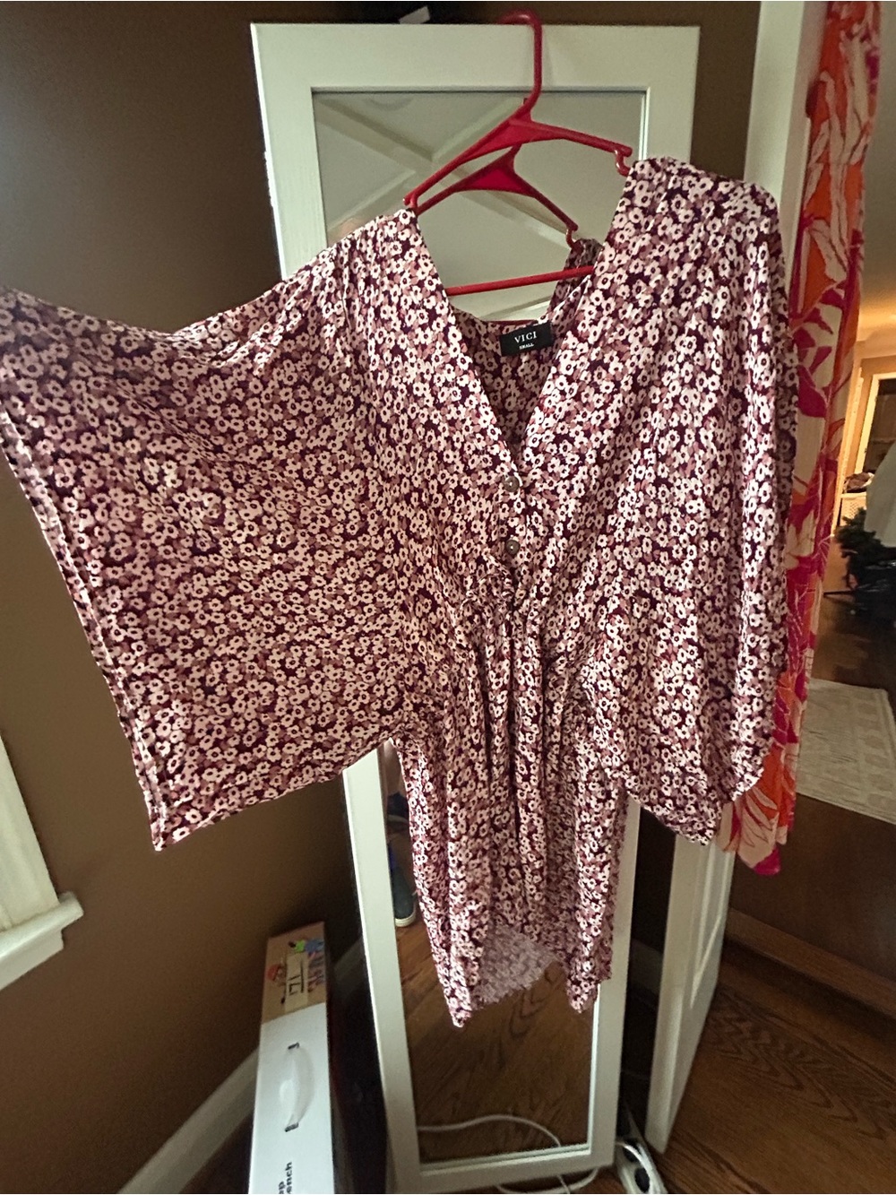 Vici Rose-Pink Floral V-Neck Tunic with Dolman Sleeves